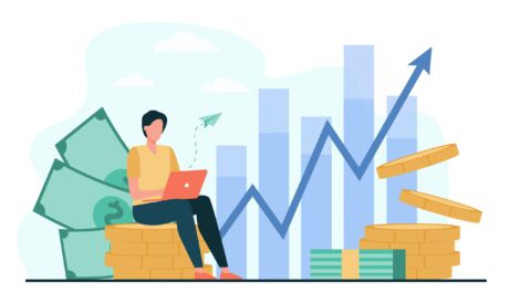 Investor with laptop monitoring growth of dividends. Trader sitting on stack of money, investing capital, analyzing profit graphs. Vector illustration for finance, stock trading, investment concept